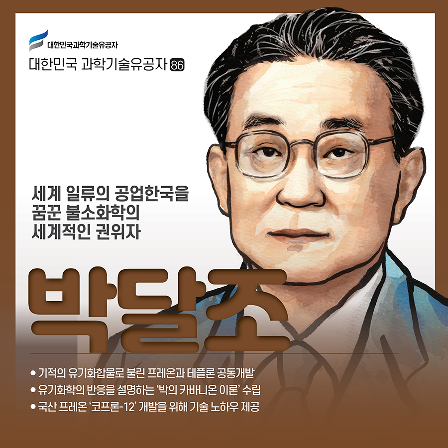 #1.(표지) 세계 일류의 공업한국을 꿈꾼 불소화학의 세계적인 권위자 故 박달조 기적의 유기화합물로 불린 프레온과 테플론 공동개발 유기화학의 반응을 설명하는 ‘박의 카바니온 이론’ 수립 국산 프레온 ‘코프론-12’ 개발을 위해 기술 노하우 제공