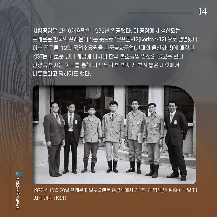 #14. 시험공장은 2년 6개월만인 1972년 완공됐다. 이 공장에서 생산되는 프레온은 한국의 프레온이라는 뜻으로 ‘코프론-12(Korfron-12)’으로 명명됐다. 이후 코프론-12의 공업소유권을 한국불화공업(현재의 울산화학)에 매각한 KIST는 새로운 냉매 개발에 나서며 한국 불소공업 발전의 물꼬를 텄다. 안영옥 박사는 회고를 통해 이 모두가 박 박사가 뿌려 놓은 씨앗에서 비롯됐다고 평하기도 했다. 